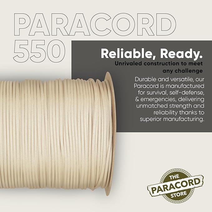 The Paracord Store | Type III 550 Paracord - 1000 FT Spool, Cream | Heavy Duty 7 Strand Tactical Paracord - USA Made Nylon Outdoor Parachute Cord for Camping, Fishing & More - Survival Cord