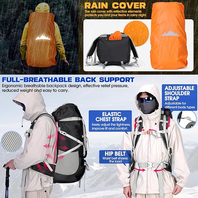 IGOLUMON 60L Hiking Backpack Waterproof Camping Backpack with Rain Cover Large Lightweight Backpacking Backpack for Men Women