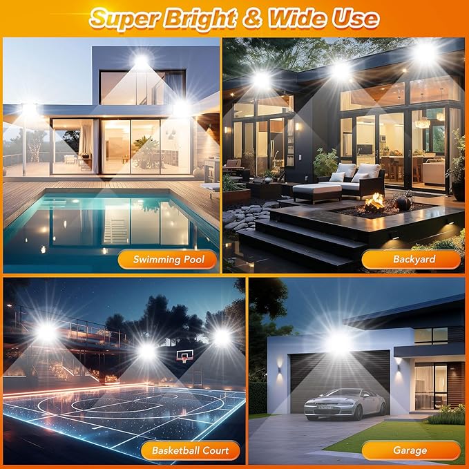 100W LED Flood Light Outdoor, 2Pack 10000LM Super Bright, IP66 Waterproof Outside Work Lights, 6500K Daylight White Security Lights, Plug in Flood Light for Yard Garage Garden Patio