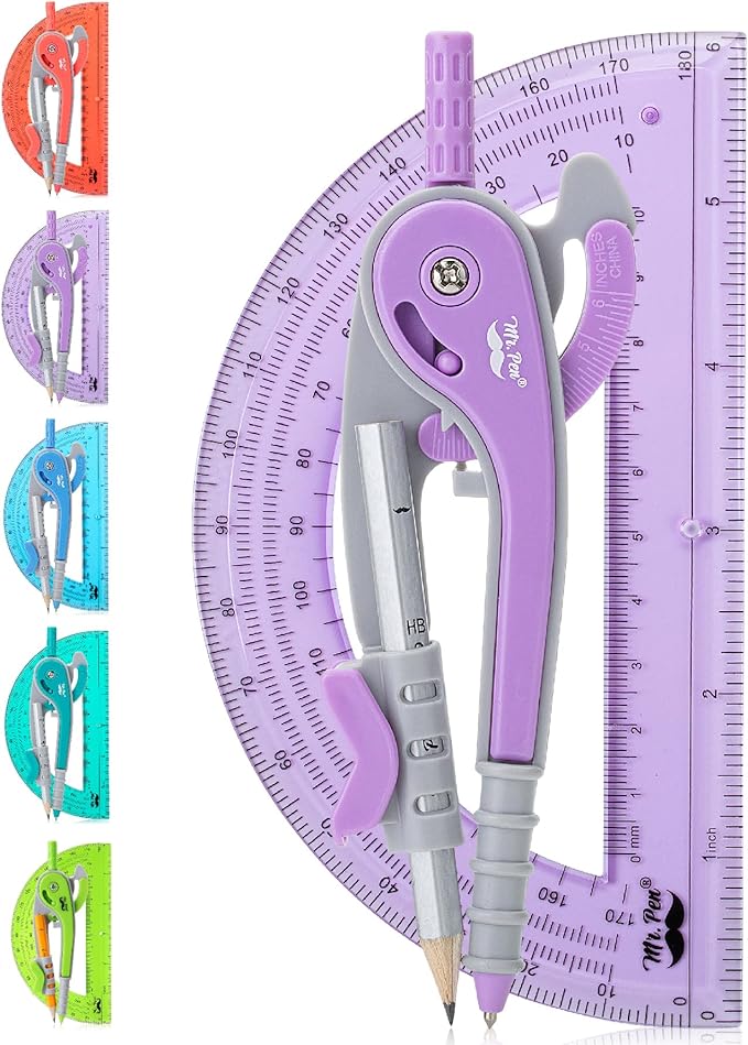 Mr. Pen- Geometry Compass and Protractor Set, 6 Inch Compass, 6 Inch Protractor, Drawing Tool for School, Clear Plastic, Easy Grip, Precision Design for Math, Art, Drafting, Architecture