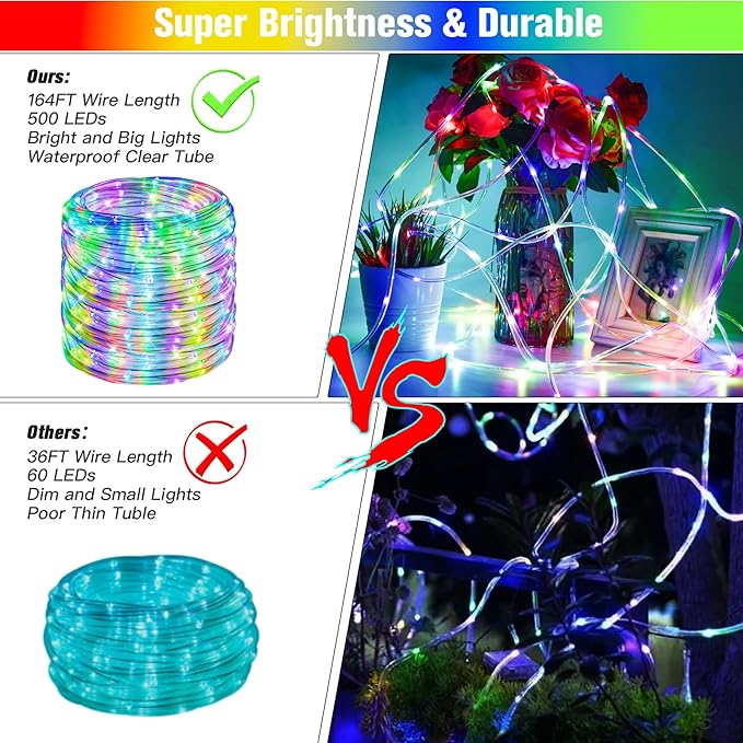 Nazuwke 164Ft Rope Lights Outdoor, 500 LEDs 18 Colors Changing String Lights Plug in with Remote, IP68 Waterproof Twinkle Fairy Light Rope Lighting Indoor for Bedroom Patio Christmas Halloween Decor