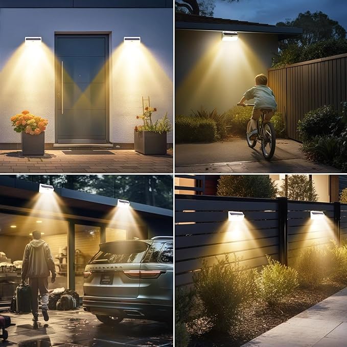 Peasur 2 Pack 368 LED Solar Lights Outdoor Motion Sensor, Solar Fence with 3 Lighting Modes, Powered Security Waterproof for Outside Yard Wall Garden,White Warm