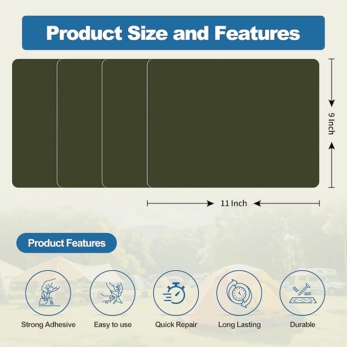 KING MOUNTAIN Self Adhesive Nylon Fabric Repair Patch, 9×11 Inches 4 Pcs, Quick Down Jacket Repair Patch, Waterproof Outdoor Gear Patch Kit for Tent,Backpacks,Umbrella, Gloves (Army Green)