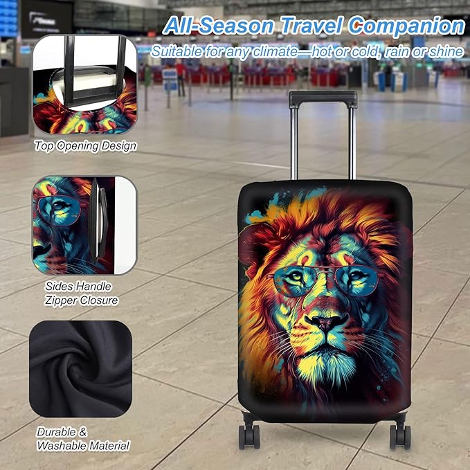 Luggage Cover Protector for 26-28 Inch Suitcases, TSA Approved Elastic Travel Suitcase Covers, Anti-Scratch Washable Luggage Sleeve for Carry On & Checked Bags, Lion With Glasses