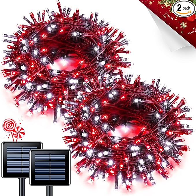 JMEXSUSS 2 Pack Solar String Lights Outdoor Waterproof, Total 66 FT 200 LED Solar Christmas Lights Outdoor, Twinkle Light for Christmas Tree Outside Garden Yard Xmas Decor, Red and White