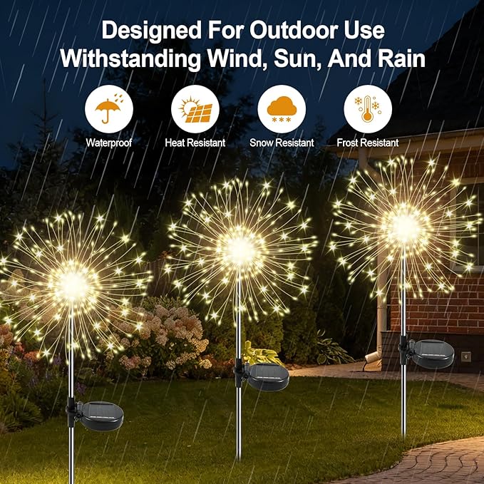 Solar Garden Lights Outdoor, 4 Pack 120 LED Twinkling Firework Lights Decorative with 2 Modes, Outdoor Waterproof Solar Starburst Light for Yard Pathway Planter Patio Decor, Warm White