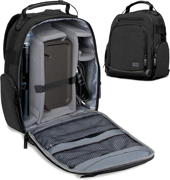 USA Gear Audio Equipment Backpack Fits Audio-Technica System 10, Shure BLX4 Microphone System, Sennheiser EW-DP & more Wireless Mic System - Wireless Microphone Bag Backpack for Recording Mics (Black)