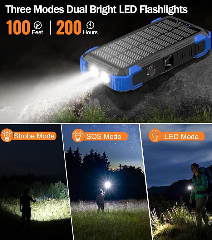 Sudrov Solar Charger Power Bank, 42800mAh Wireless Portable Charger with USB-C in/Output, QC3.0 Fast Charging 15W 4 Ports Outdoor Battery Pack Built-in LED Flashlight, for iPhone, Galaxy, iPad etc