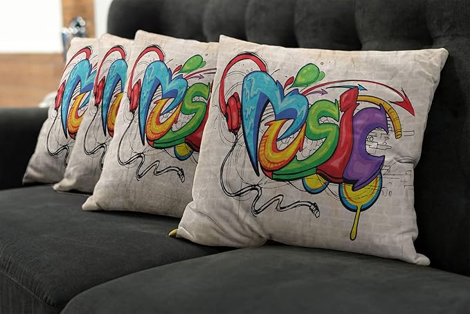 Ambesonne Music Throw Pillow Cushion Case Pack of 4, Illustration of Graffiti Style Lettering Headphones Hip Hop Theme on Beige Bricks, Modern Accent Double-Sided Digital Printing, 16", Tan Green