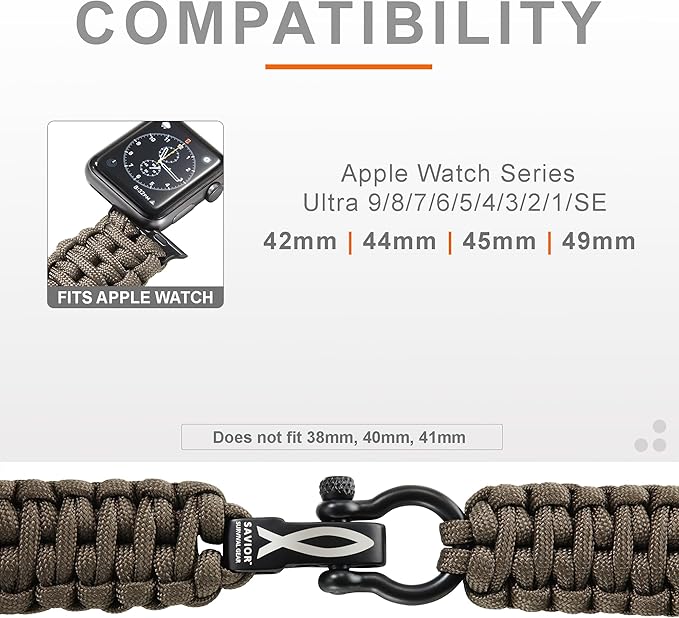 Savior Survival Gear Paracord Watch Band - Compatible with Apple Watch Band 49mm 46mm 45mm 44mm 42mm, iWatch Band Series Ultra 10 9 8 7 6 5 4 3 2 1 SE, Adjustable strap for men (Gunmetal Gray, Large)