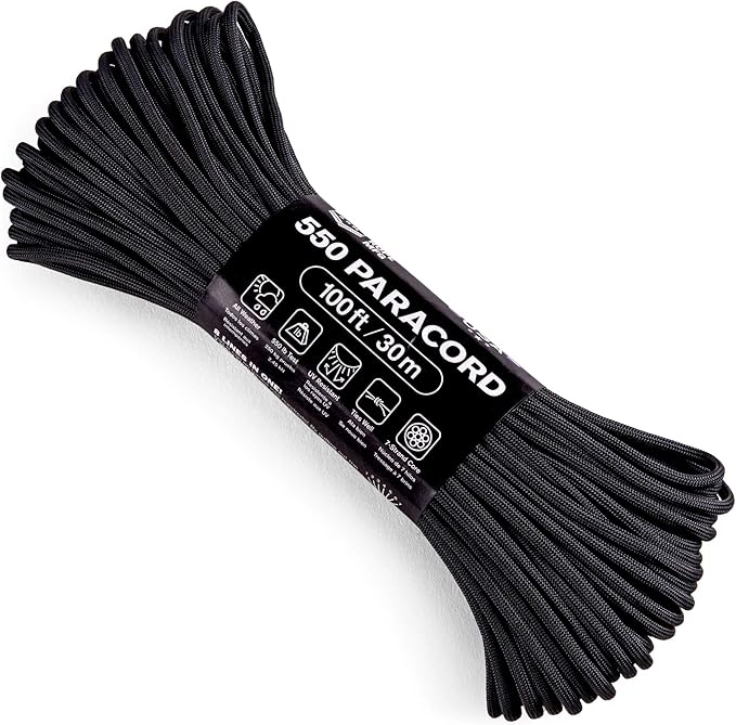 Atwood Rope MFG 550 Paracord 100 Feet 7-Strand Core Nylon Parachute Cord Outside Survival Gear Made in USA | Lanyards, Bracelets, Handle Wraps, Keychain (Black)