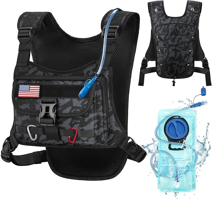 RAINSMORE Hydration Vest with 2L Water Bladder Lightweight Reflective Chest Pack for Cycling Hiking Adjustable Shoulder Strap for Men Women
