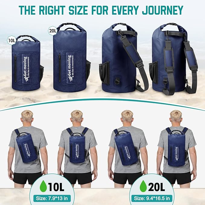 BKNOOU Dry Bag Waterproof Backpack for Women Men, 10L/20L Roll Top Dry Bags for Kayaking Waterproof Bag for Travel, Boating, Beach, Camping, Hiking & Rafting, Dry Storage Bag with Phone Pouch