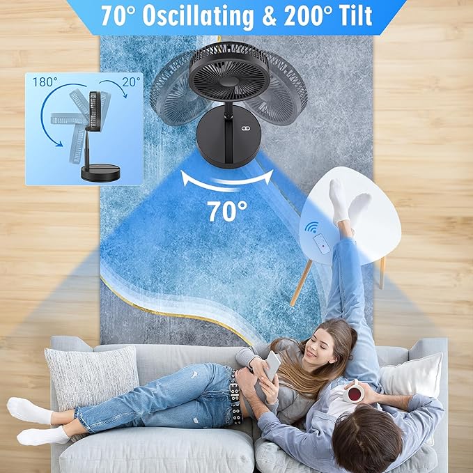 LIPETY Portable Foldable Rechargeable Oscillating Fan - 8.6" 7200mah Battery Operated USB C Small Fan Remote, Quiet Table Desk Fan Folding Standing Pedestal Fans for Bedroom Rome Office Camping Travel