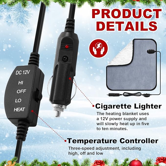 Tuanse 16 x 16 Inches Car Electric Blanket 12 Volt Heated Car Blanket with Temperature Controller and Black Storage Bag Cold Weather Tailgating and Emergency Kit(Gray, White Cotton,Blank)