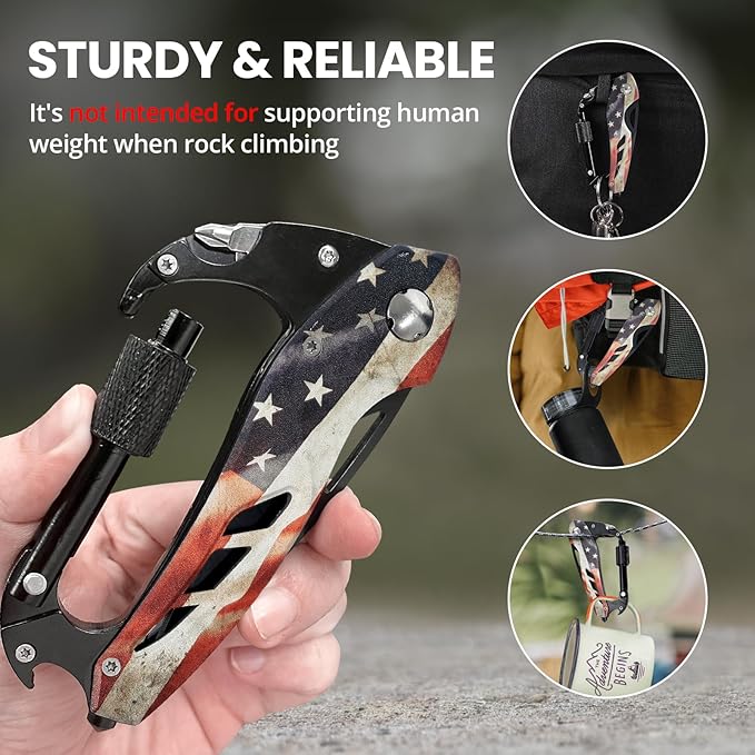 FUNBRO Multitool Carabiner Knife Tools for Men, Cool Gadgets Survival Gear with Folding Knives, Bottle Opener, Window Breaker and Screwdriver for Hiking Camping, 7-in-1 EDC Multi Tool (USA Flag)