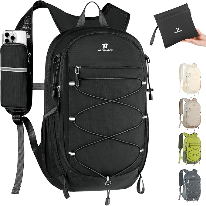 BECOJADDE Hiking Backpack 15L Small Backpack Packable Day pack Water Resistant Lightweight Travel Backpack for Women Men with Shoulder Strap Pockets for Hiking Camping Outdoor, Black