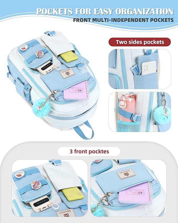 Hidds Laptop Backpacks 15.6 Inch School Bag Elementary Middle High College Backpack Cute Bookbags Anti Theft Travel Back Pack Casual Daypack Kids Book Bag for Teens Girls Women Students-Blue Beige