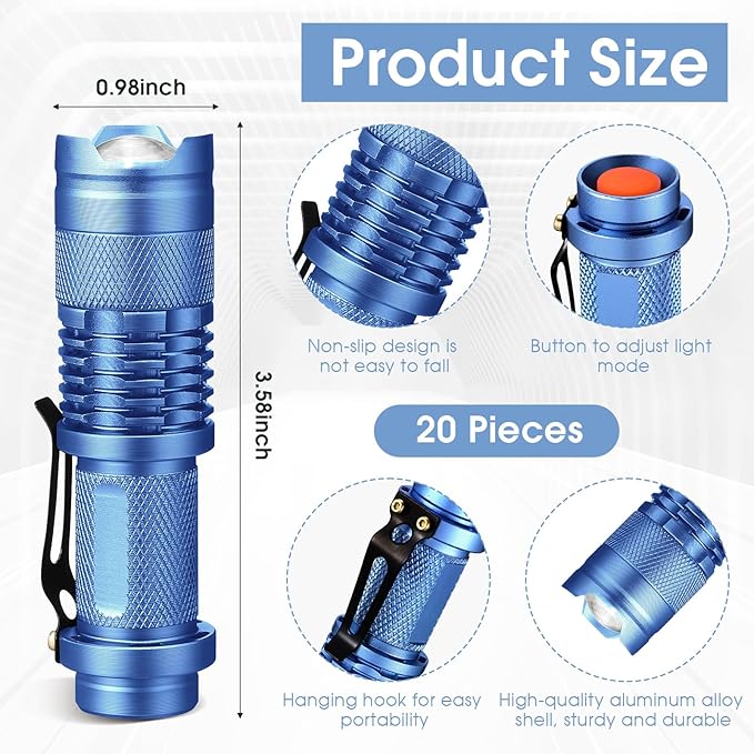 Fumete 20 Pieces LED Flashlight Mini 3 Mode Tactical Torch Small Water Resistant Pocket Flash Light Adjustable Focus Light Pen for Men, Father, Indoor Outdoor Hiking (Blue)