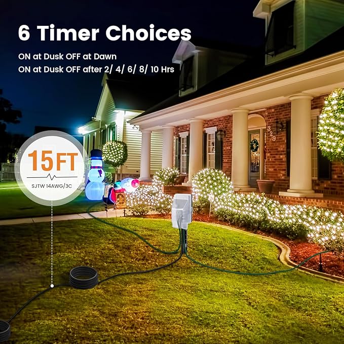 SURAIELEC Outdoor Power Stake, Dusk to Dawn Light Timer, 15FT Extension Cord Multiple Outlet, 6 Electrical Outlets Power Strip Weatherproof for Patio Light, Garden, Christmas Decoration, Outdoor Light