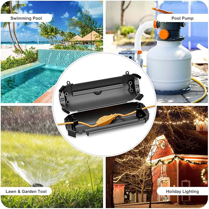iwillink 2 Pack Outdoor Extension Cord Cover Waterproof - Weatherproof Electrical Connection Box for Outdoor Outlet, Plug, Socket, Christmas Holiday Decoration, Power Tool, Black