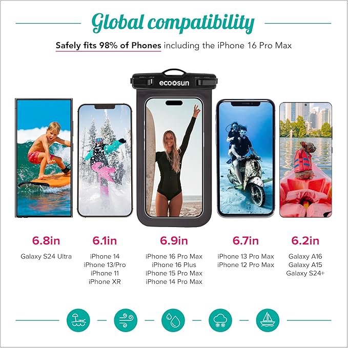 Eco Sun Waterproof Phone Pouch & Floating Wrist Strap Bundle (2-Pack Each) – Waterproof Phone Case + Float Strap – Travel & Beach Essentials Designed in Hawaii – Fits iPhone 17 Pro Max, GoPro, Cameras