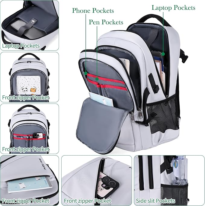 FENGDONG Durable Waterproof Travel Laptop Backpack 17.3 inch,Large College Backpack Bookbag for Men & Women Business Backpack with USB Charging Port and Headset Port Silver Black