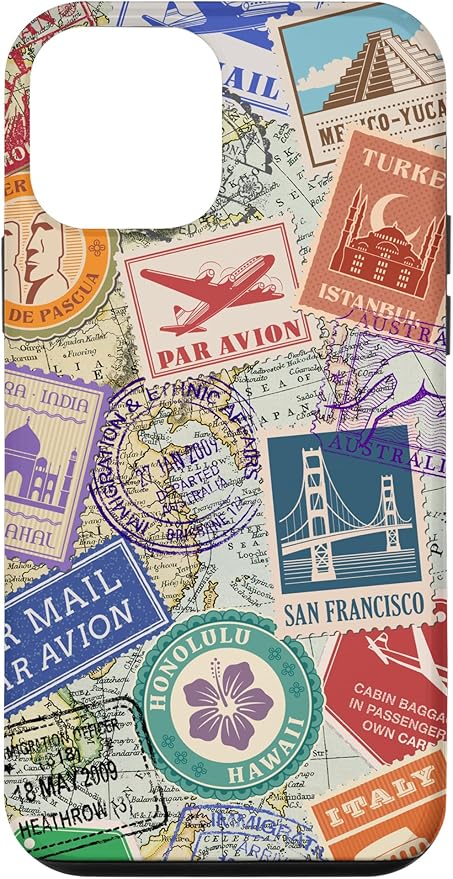 World Map Travel Passport Stamps Postage Stamp Case for iPhone 12 mini