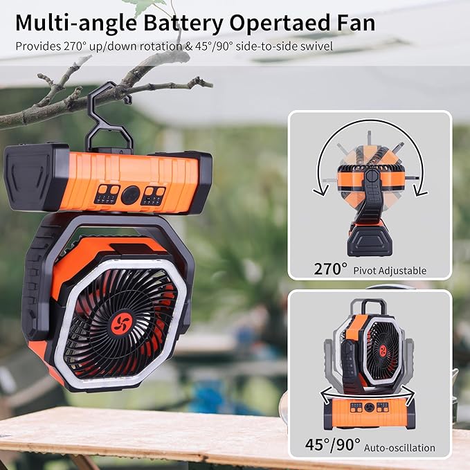 20000mAh Emergency Battery Powered Fan & LED Light, Battery Operated Rechargeable Fan for Power Outage, Car Defrosting, Indoor Use with 360° Oscillating & Hook, 8H Timer, Portable Camping Fan