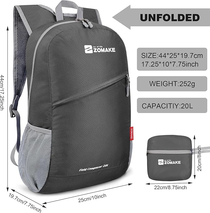 ZOMAKE Lightweight Packable Backpack,Foldable Backpacks Small Daypack for Hiking Water Resistant Day Bag for Travel(Medium Grey)