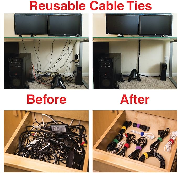 Reusable Cinch Straps & Cable Ties Combo Set, Multipurpose Quality Hook & Loop Cable Organizer, Securing Straps (26 Pack Assortment)