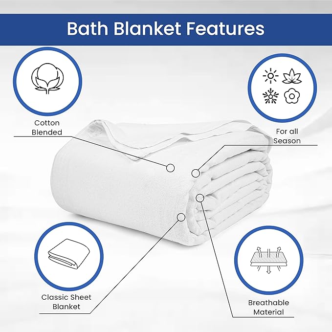 Linteum Textile Cotton Blended Hospital Patient Bath Blanket, Bed Bath Sheet, Twin Blanket Lightweight Sheet Blankets 70x90 in, 1.75 lb. White [2 Pack]