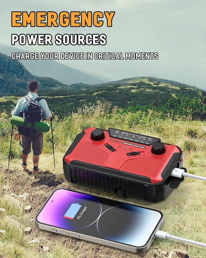 PRUNUS J-369 11100mWh Emergency Weather Radio, AA Batteries/Hand Crank/Solar/USB Charging, NOAA/AM/FM, LED Flashlight and Reading Lamp,SOS Alarm & Flashlight Portable