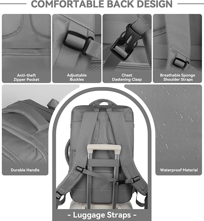 AREYTECO Carry On Backpack, 50L Extra Travel Laptop Backpack for Men Women, Big Bag Business Travel Essentials Gifts for men, 17 Inch Laptop Backpack Computer Bag Gifts for Him Men, Grey