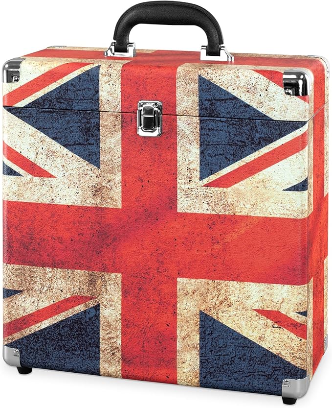 Victrola Collector – Record Storage Case – Holds 30+ Vinyl Turntable Records, Heavy-Duty Hardware, Hinges, & Smart Metal Corners, Portable with Easy-Carry Handle (UK Flag)