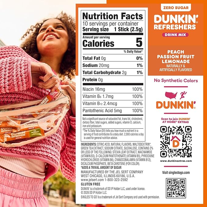 Dunkin’ Zero Sugar Refreshers Singles To Go! Powdered drink mix packets, Peach Passionfruit Lemonade,10 packets per box Energy from Green Tea, aspartame-free, no synthetic colors, naturally and artificially flavored, just add water