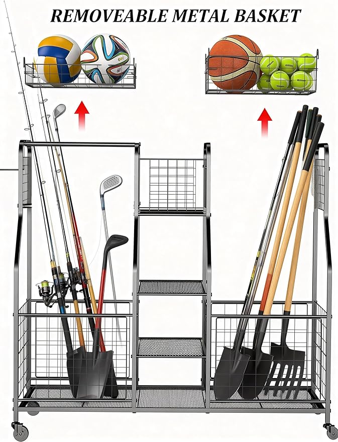 Garage Sports Equipment Organizer with Wheels - Ball Storage Rack with Elastic Rope or Wire Mesh,Garage Organizer System,Indoor/Outdoor Sports Rack for Sports Gear and Toys Storage,Black
