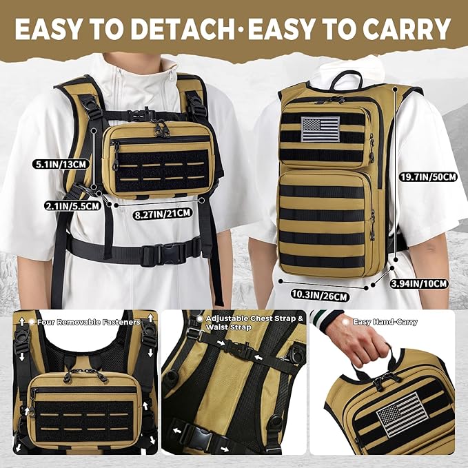 Koculemi Tactical Hydration Backpack with 2L Water Bladder and Front Small Tactical Pouch, Outdoor Water Backpack for Men Women, Sports Hydration Pack for Hiking, Cycling, Climbing