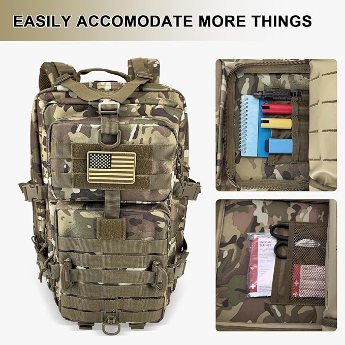 Hannibal Tactical MOLLE Assault Backpack, Tactical Backpack Military Army Camping Rucksack, 3-Day Pack Trip w/USA Flag Patch, D-Rings, Cp