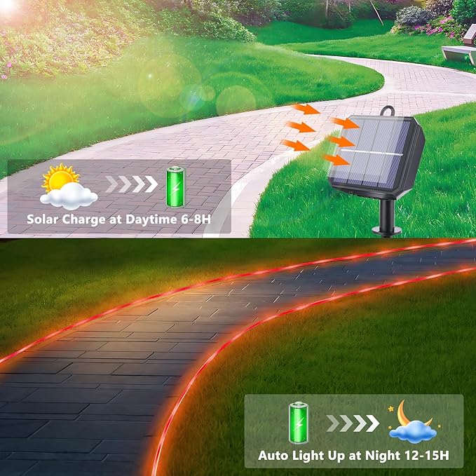 Solar Rope Lights, 33ft 100LED Solar String Lights, 8 Modes Waterproof Solar Powered Outdoor Light, Flexible Clear Tube Light for Garden Backyard Patio Deck Porch Pool Tree Christmas Decoration - Red