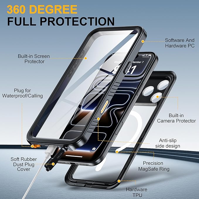 ANTSHARE for iPhone 17 Pro Max Case, Compatible with Magsafe, IP68 Waterproof Case, [Built-in Screen Protector] - 12 FT Military Dropproof - Full Body Heavy Duty Rugged Phone Cover - Black/Clear