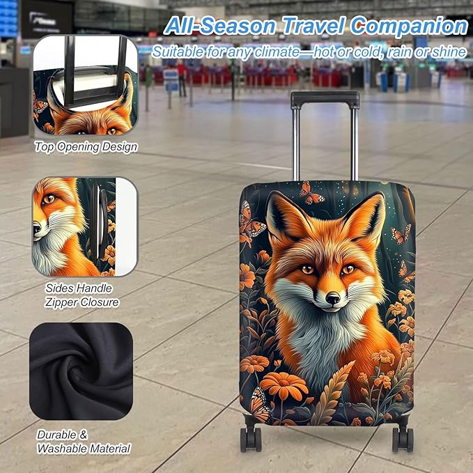 Luggage Cover Protector for 22-24 Inch Suitcases, TSA Approved Elastic Travel Suitcase Covers, Anti-Scratch Washable Luggage Sleeve for Carry On & Checked Bags, Fox Flowers