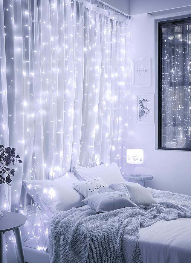 Brightown 300 LED Fairy Curtain Lights, 9.8ft x 9.8ft String Lights, USB Plug in 8 Lighting Modes Christmas String Hanging Lights with Remote for Bedroom Indoor Outdoor Party Xmas White 1 Pack