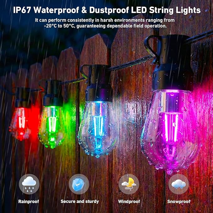 Outdoor String Lights,200FT Smart RGB+IC Patio Lights with Shatterproof LED Bulbs ,Outside Light Dimmable Patio for Decor DIY IP67 Waterproof ,Courtyard, garden,Holiday,LED lights more Scene Modes