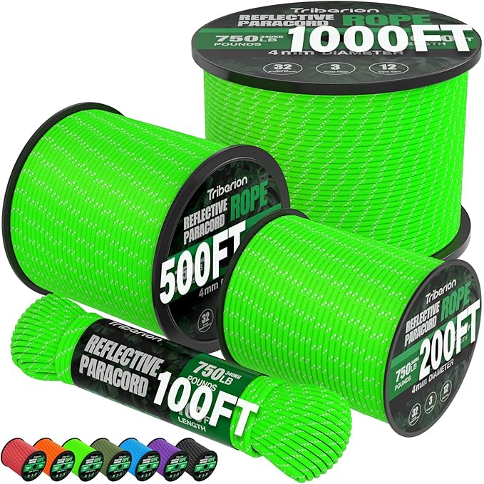 Reflective Paracord Rope 750 lb - 500ft 5/32" Parachute Cord 4MM 12-Strand para Cord - Heavy Duty Spool String for Survival,Camping Gear, Survival Bracelet, Clothesline - Neon Green