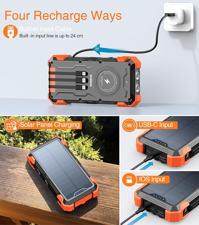 Sudrov Solar Charger Power Bank, 42800mAh Wireless Portable Charger with USB-C in/Output, QC3.0 Fast Charging 15W 4 Ports Outdoor Battery Pack Built-in LED Flashlight, for iPhone, Galaxy, iPad etc