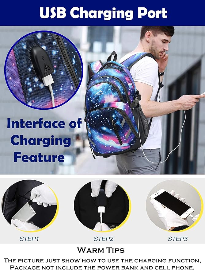 ProEtrade Extra Large Backpack Bookbag for College Laptop Travel, Fit Laptop Up to 17 inch with USB Charging Port Multi Compartment Anti theft, Gift for Women Men (Light Galaxy)