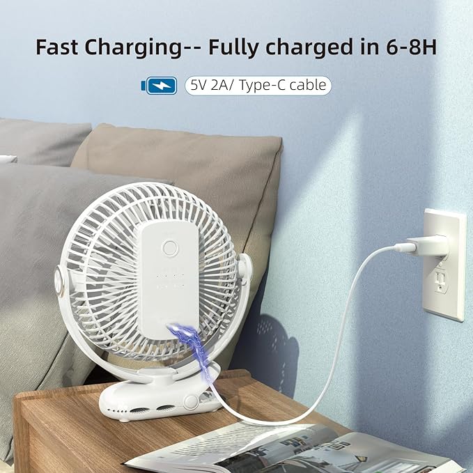 10000mAh 30hrs Rechargeable Clip on Fan, 8 Inch Battery Operated Fan Portable, 4 Speeds, Sturdy Clamp, Quiet USB Fans for Golf Cart Desk Treadmill Camping Truck Outdoor Travel Office, White