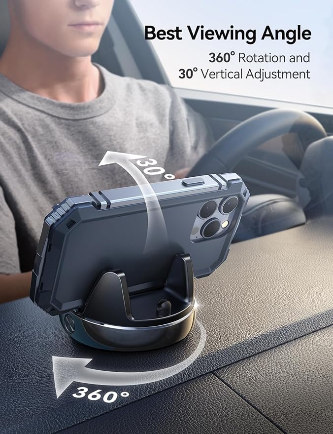 JOYROOM Car Phone Holder Mount, 360° Adjustable & Avoid Sun Glare Phone Holder for Car, Slip Free Spring Snap Design Dashboard Phone Stand, Compatible with Smartphones, GPS Devices
