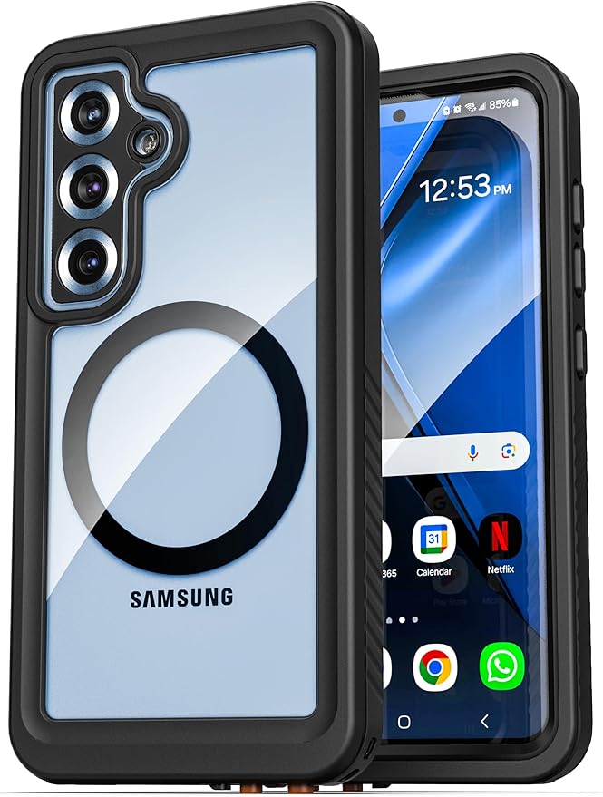 ENCASED Waterproof Case Designed for Samsung Galaxy S25 (IP68) Full Body Protective Phone Case with Screen Protector Built-in (Clear/Black) (S25)